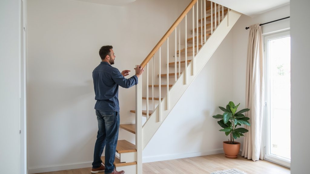 Technicien installant un monte-escalier tournant dans une maison à Le Blanc
