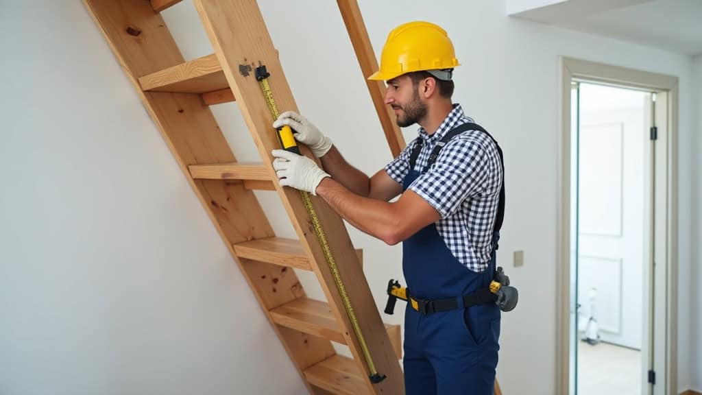 Technicien installateur de monte-escalier en train de mesurer un escalier à Bassussarry, avec outils et calepin