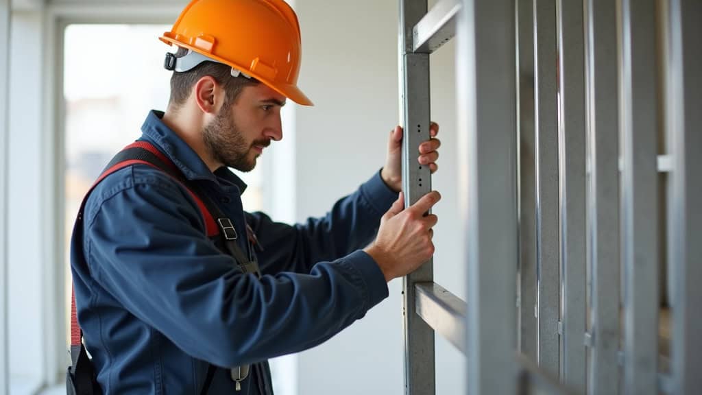 Technicien installateur en train de fixer un rail de monte-escalier à Garlan