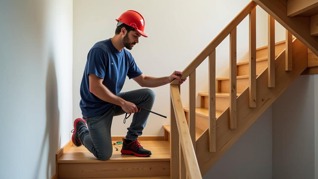 Technicien mesurant les escaliers en bois d