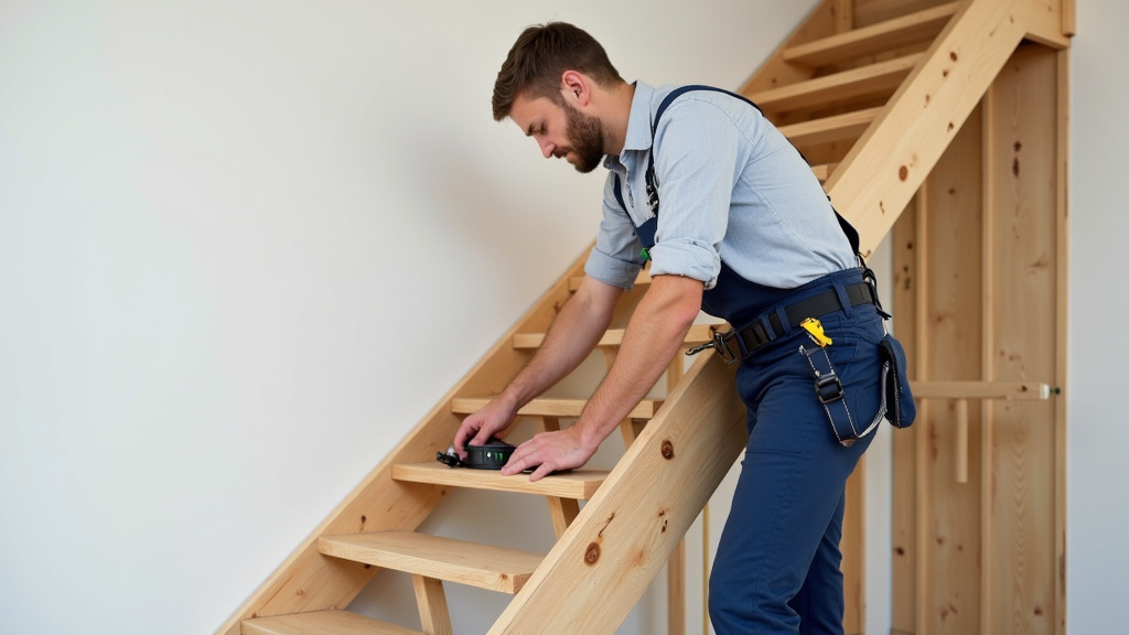 Technicien mesurant un escalier en bois à Le Blanc pour l