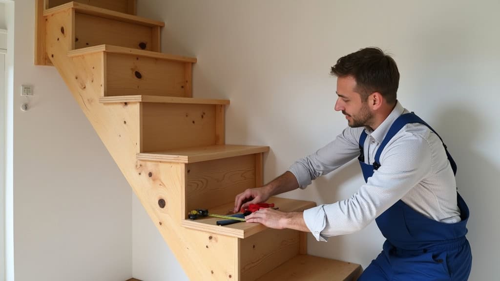 Technicien mesurant un escalier en bois dans une maison de Rognonas avec un ruban à mesurer et un niveau
