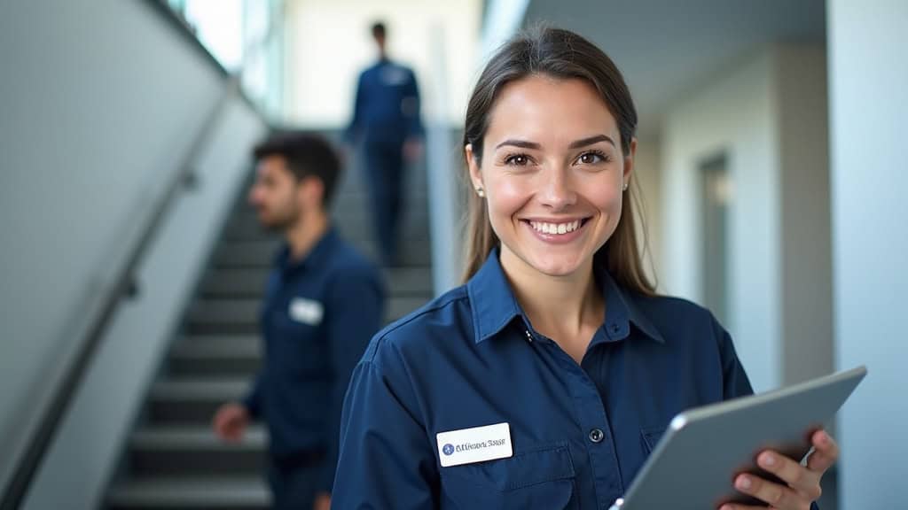 Technicien professionnel avec badge et uniforme en train de mesurer un escalier à Gouvernes