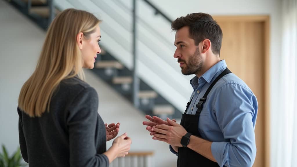 Technicien professionnel en train de discuter avec un client âgé dans sa maison à Armissan, avec un monte-escalier en arrière-plan