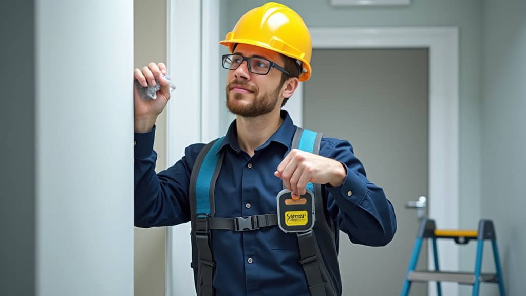 Technicien professionnel en train de vérifier un monte-escalier installé à Brouckerque