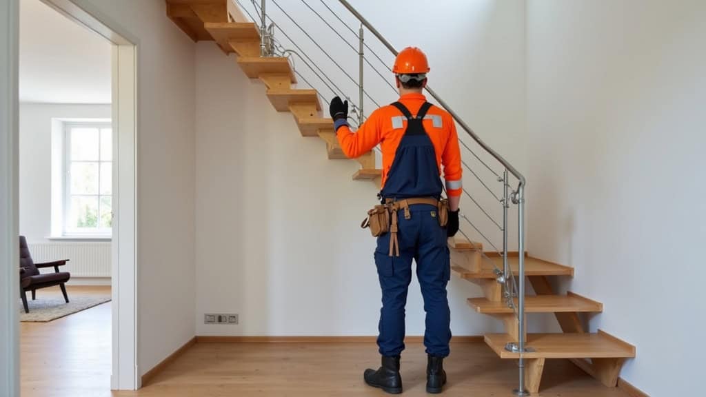 Technicien professionnel en train de vérifier un monte-escalier installé dans une maison de Bischheim