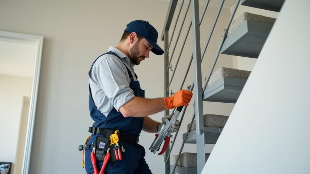 Technicien professionnel en train d’installer un monte-escalier droit dans une maison à Connantre, avec outils, rail en aluminium et siège en tissu, environnement propre et ordonné