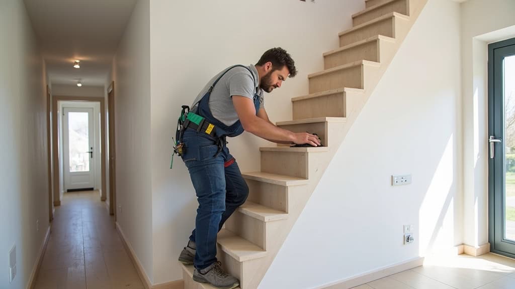 Technicien professionnel installant un monte-escalier dans une maison à Algolsheim