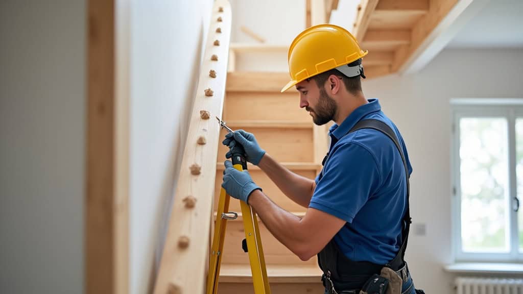 Technicien professionnel installant un monte-escalier sur un escalier en bois dans une maison de Boussac, avec outils et matériel de mesure