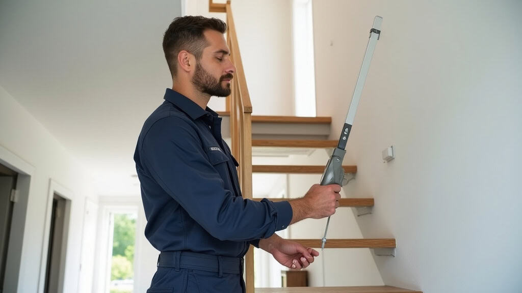 Technicien professionnel installant un monte-escalier sur un escalier tournant dans une maison à Berrwiller