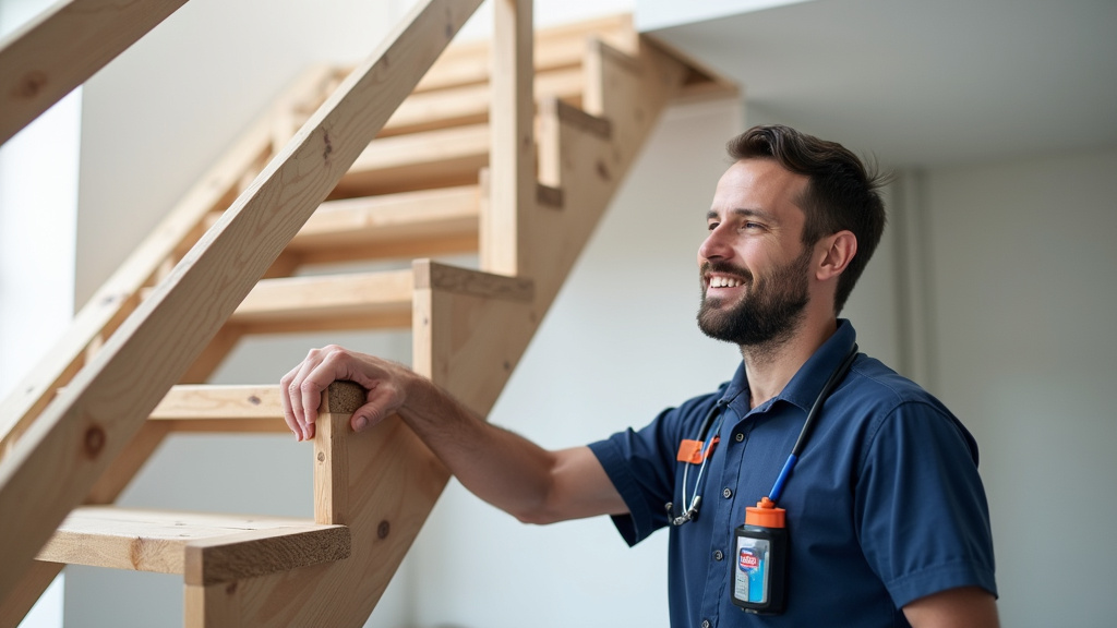Client satisfait utilisant son monte-escalier à Fleuré en présence du technicien