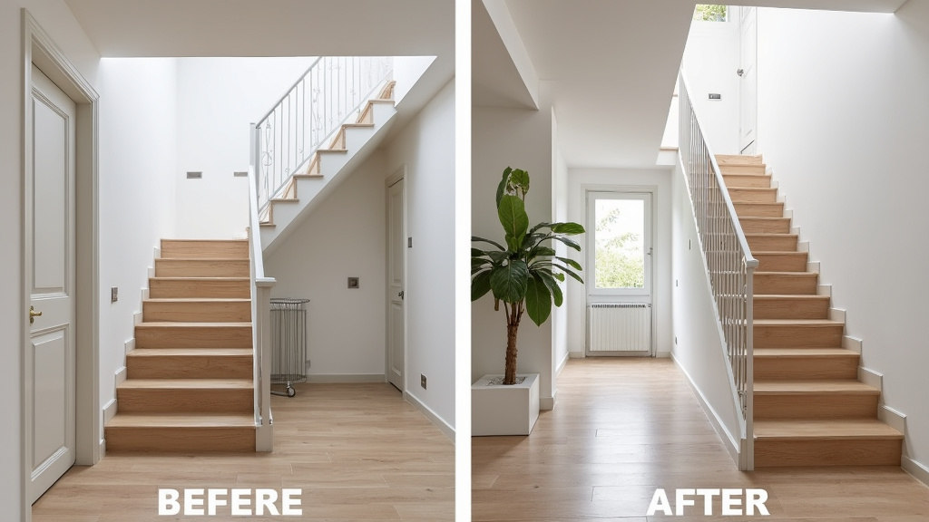 Comparaison avant et après installation d’un monte-escalier dans une maison à Jarnac, montrant l’accessibilité retrouvée