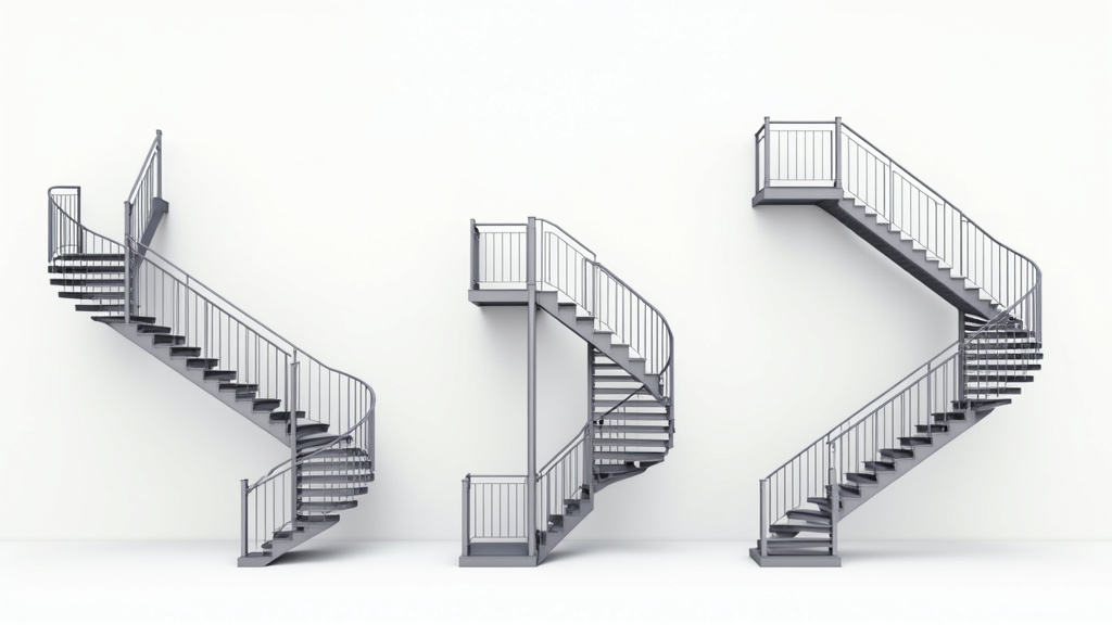Comparaison visuelle des différents types de monte-escaliers : droit, tournant, extérieur