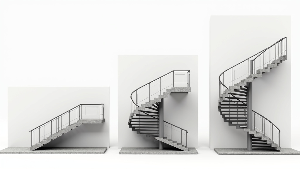 Comparaison visuelle des différents types de monte-escaliers : droit, tournant, extérieur