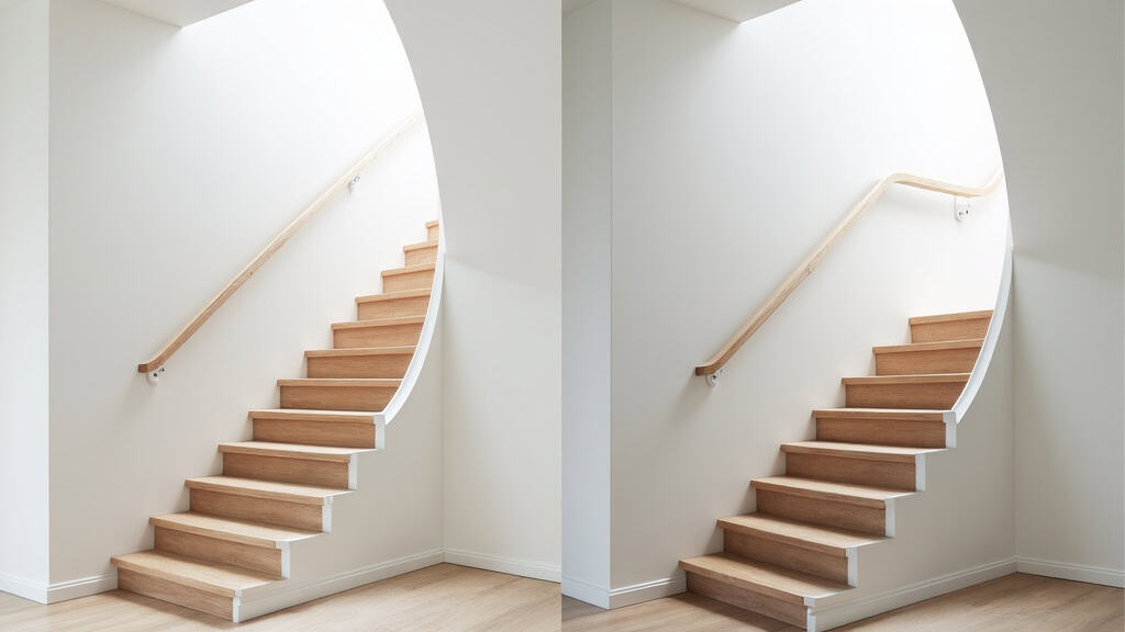 Comparaison visuelle entre un monte-escalier droit et un monte-escalier courbe installé dans une maison