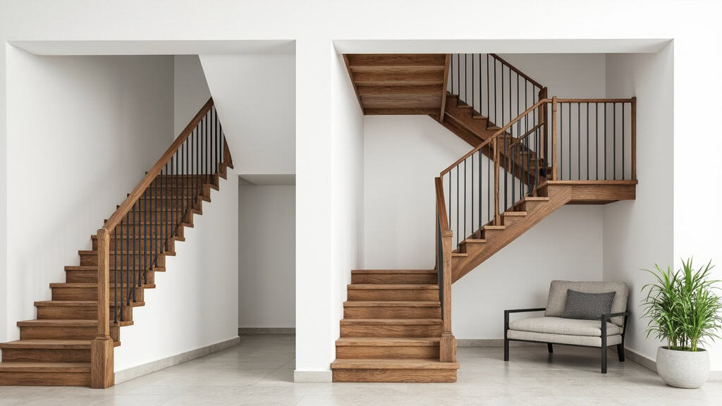 Comparaison visuelle entre un monte-escalier droit et un monte-escalier tournant installés dans une maison typique de Carentan-les-Marais