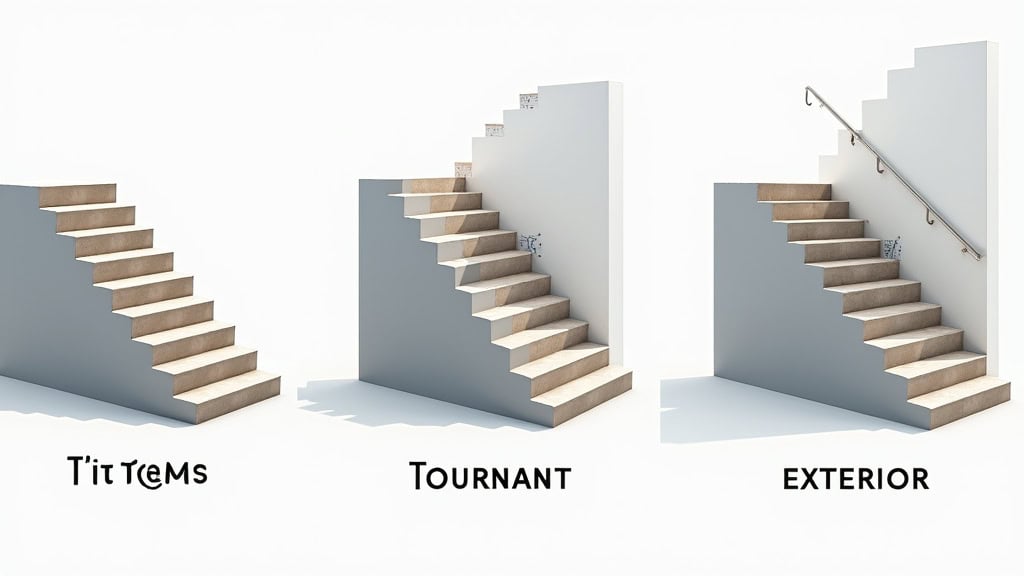 Comparatif visuel des types de monte-escalier : droit, tournant, extérieur