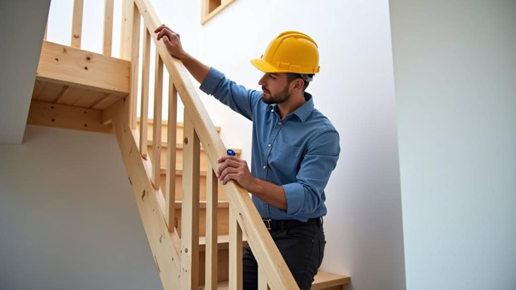 Conseiller en train de mesurer un escalier pour un devis de monte-escalier à Marcigny