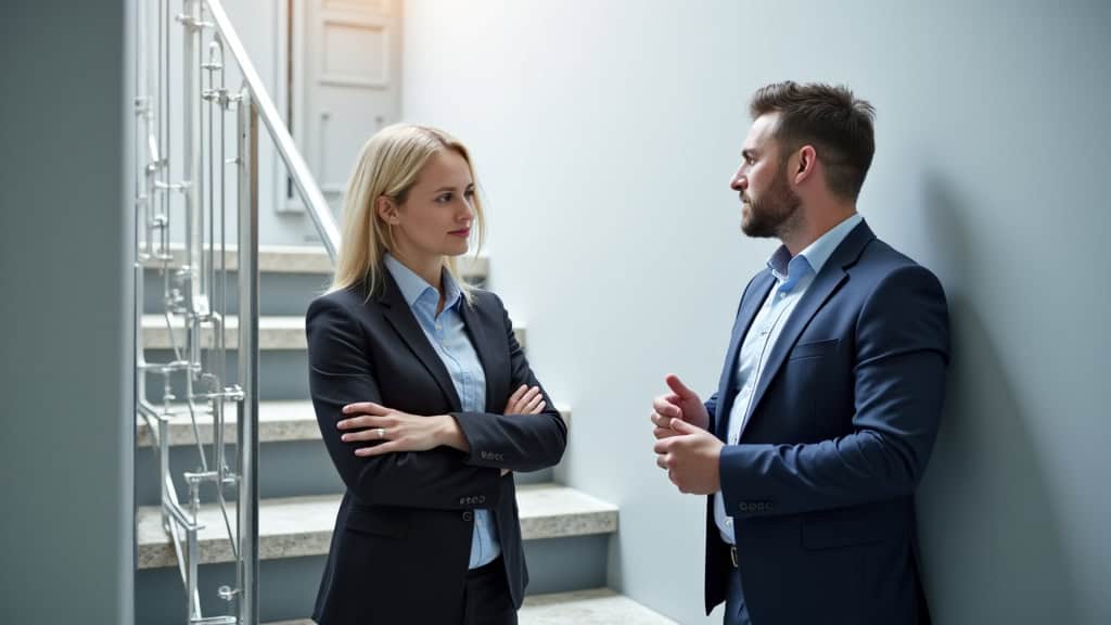 Conseiller technique en discussion avec un client à Séez, lors d’un diagnostic d’escalier pour un monte-escalier