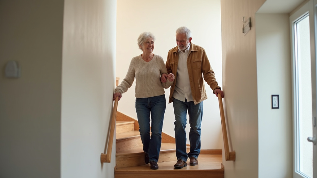 Couple de seniors utilisant un monte-escalier dans leur maison à Chantepie