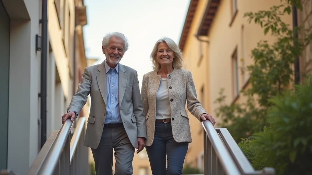 Deux personnes âgées utilisant un monte-escalier à Creil avec satisfaction