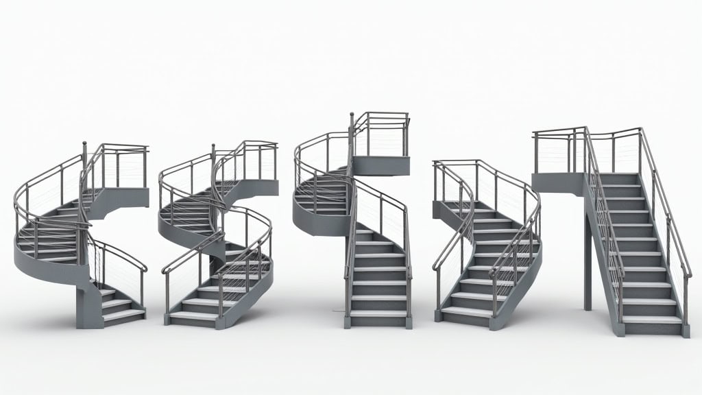Différents types de monte-escaliers : droit, tournant, extérieur et assis-debout, adaptés à diverses configurations d