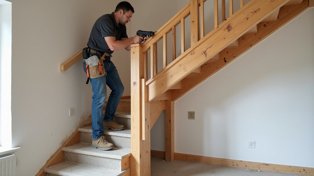 Équipe en train d’installer un monte-escalier dans une maison ancienne de l’Orne, escalier en bois avec rail en cours de fixation