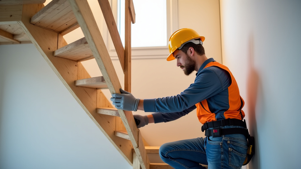 Équipe technique en train d’installer un monte-escalier dans une habitation à Pont-l’Évêque