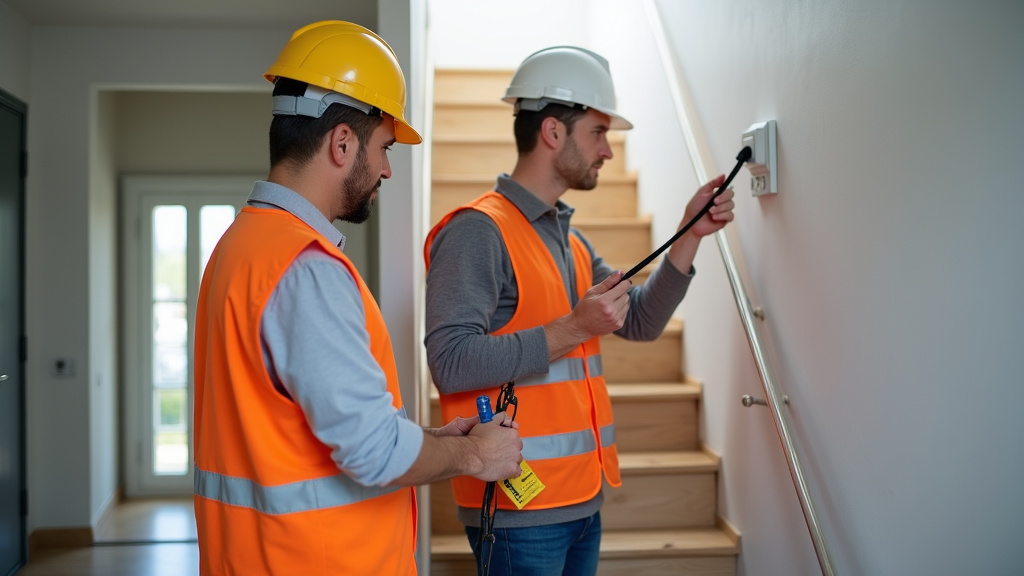 Expert en train de prendre les mesures pour un monte-escalier sur un escalier en colimaçon à Drusenheim