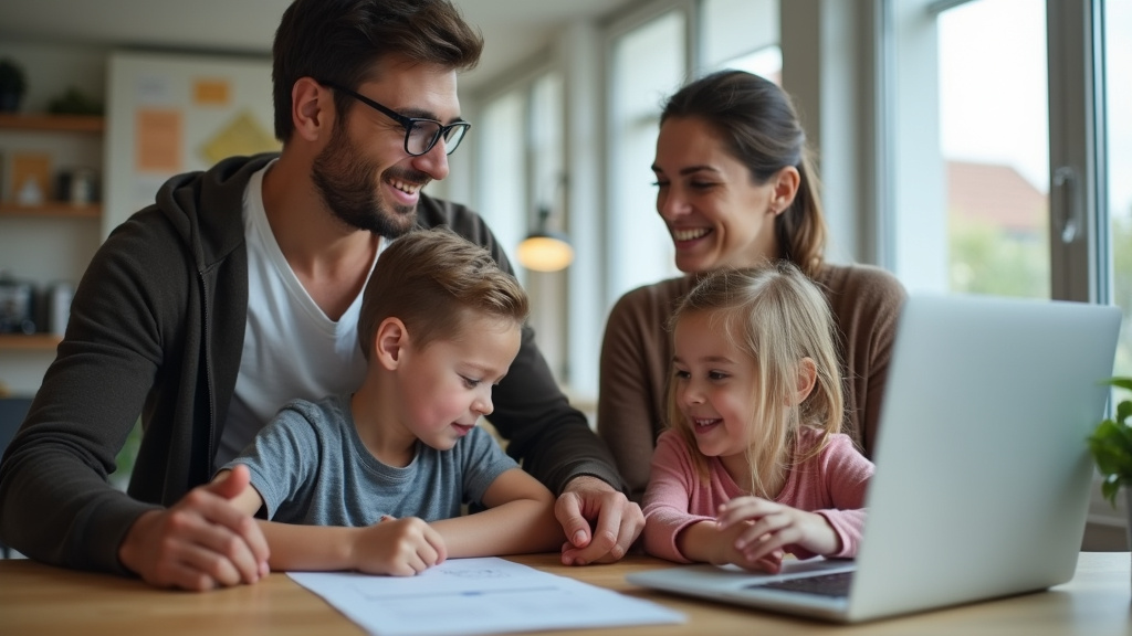 Famille discutant avec un technicien autour d