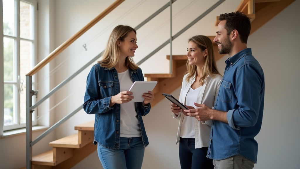 Famille discutant avec un technicien lors de l’installation d’un monte-escalier à Jumilhac-le-Grand