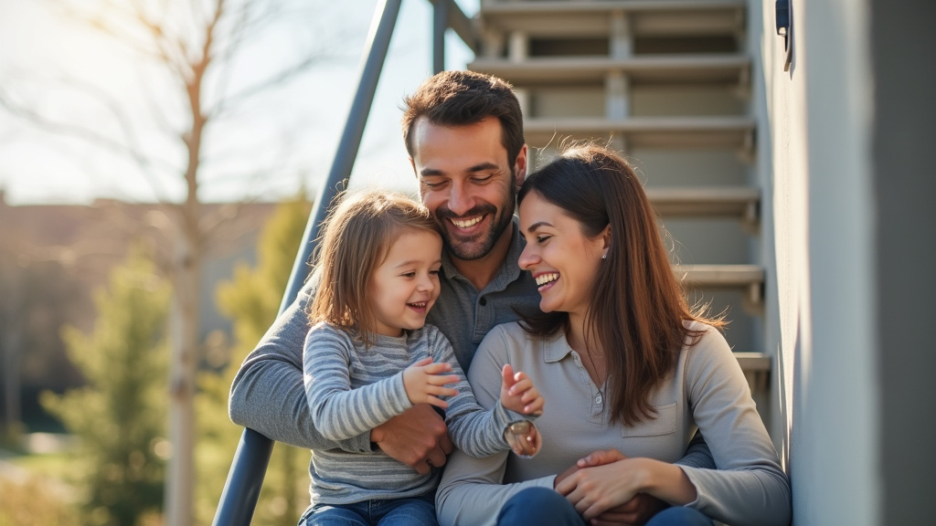 Famille heureuse avec un utilisateur de monte-escalier à Lusanger