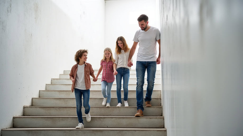 Famille heureuse utilisant un monte-escalier à Varennes-sur-Allier