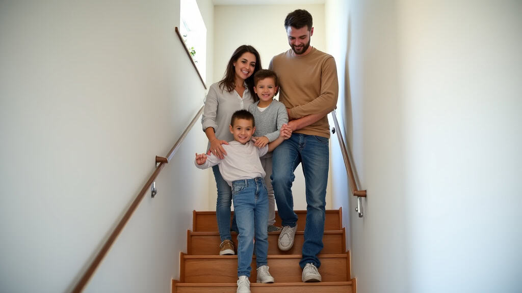 Famille heureuse utilisant un monte-escalier dans une maison à Yquelon, illustrant autonomie, sécurité et confort