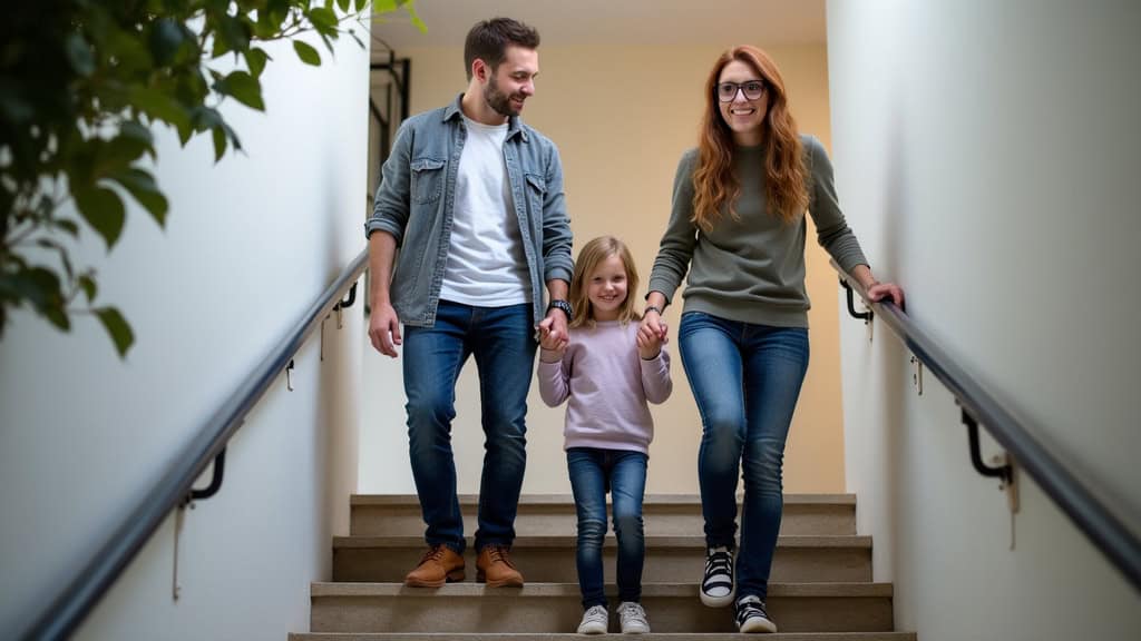 Famille souriante avec un aîné utilisant un monte-escalier à Boulbon