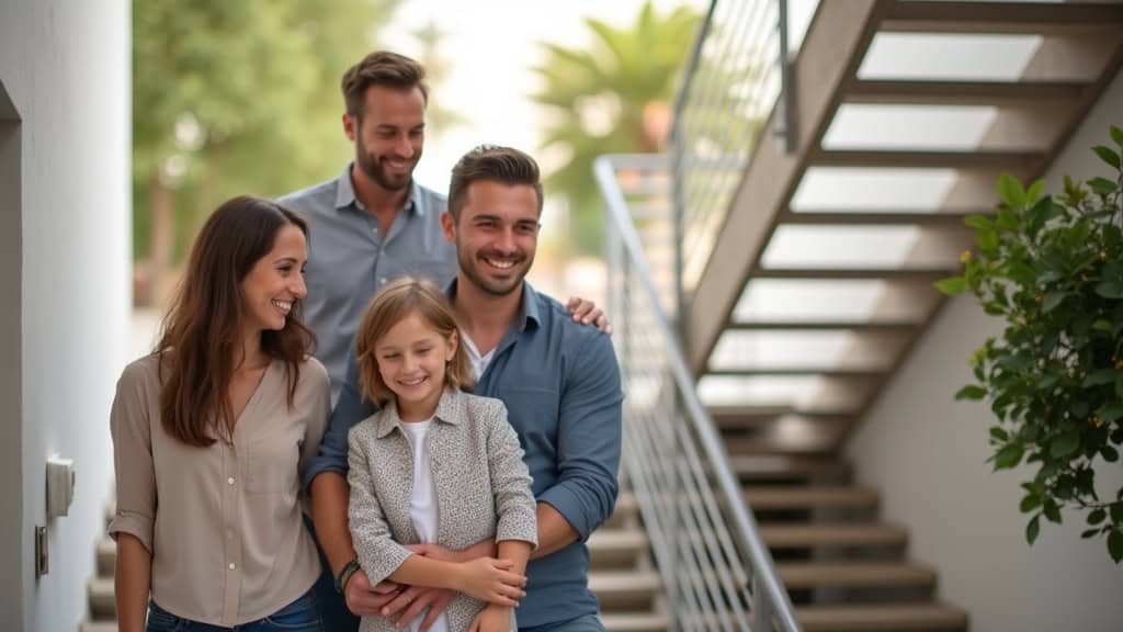 Famille souriante devant un monte-escalier installé à Lisses
