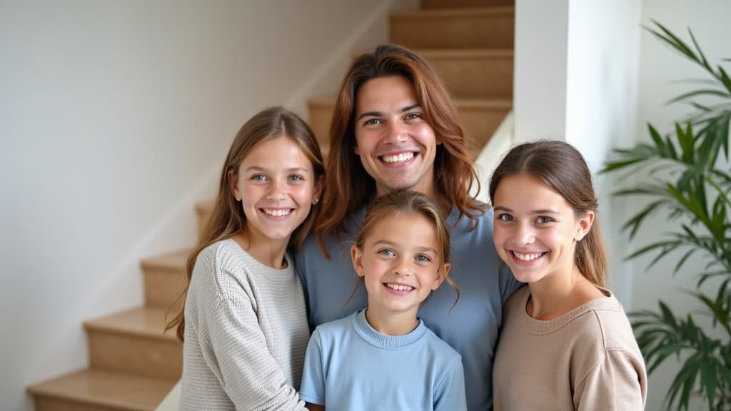 Famille souriante devant un monte escalier installé dans une maison à Viviez