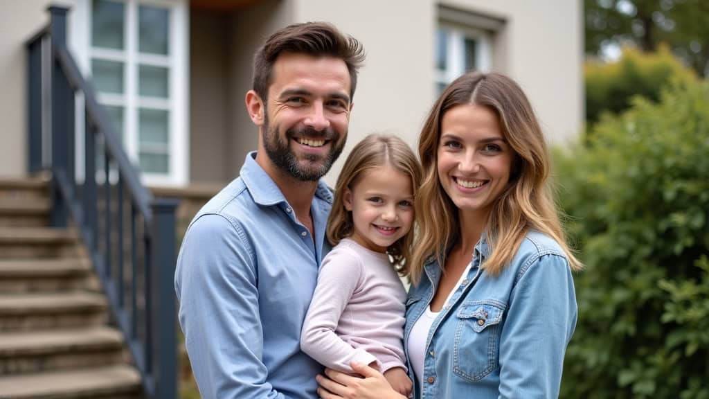 Famille souriante devant une maison à Incarville avec un monte-escalier installé