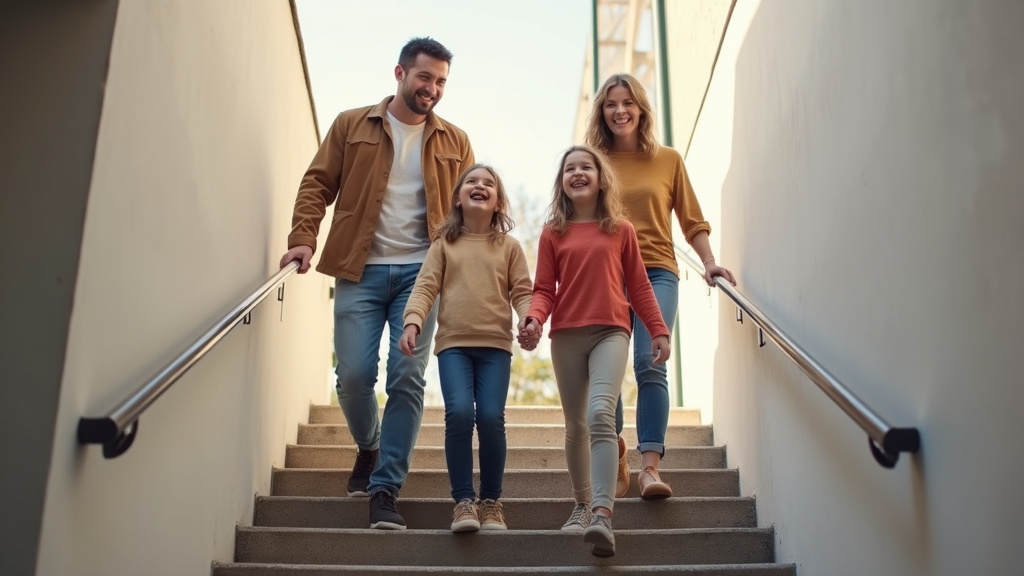 Famille souriante utilisant un monte-escalier à Courcelles-sur-Seine