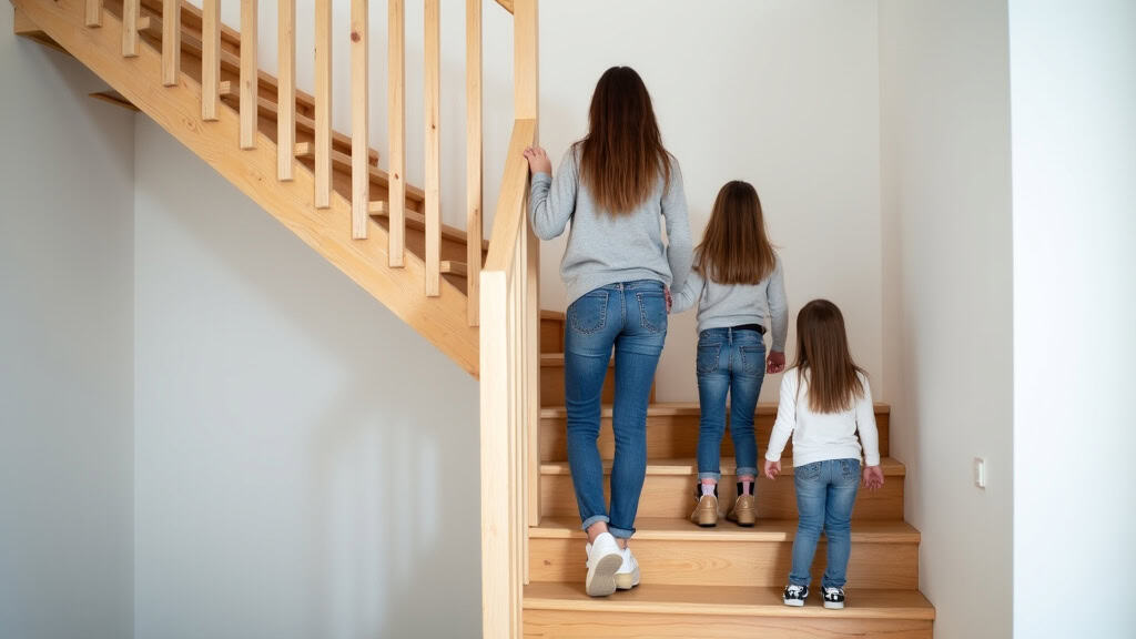Famille testant un monte-escalier installé dans une maison à Saméon