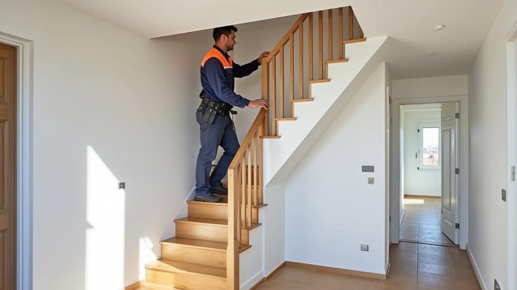 Installation d’un monte escalier dans une maison à Droué avec technicien en train de fixer le rail