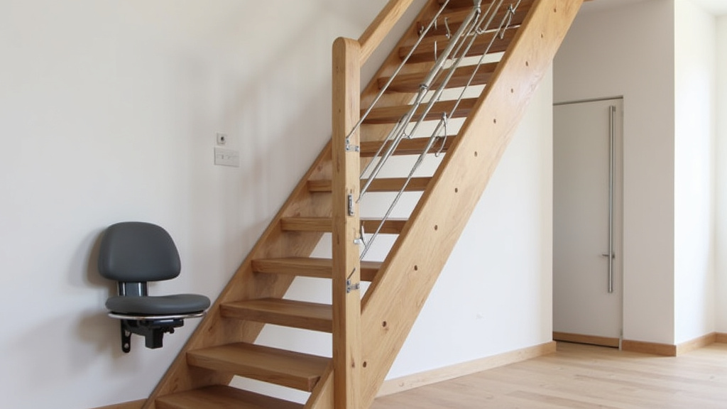 Installation d’un monte-escalier droit dans une maison à Nangis, escalier en bois et siège ergonomique gris