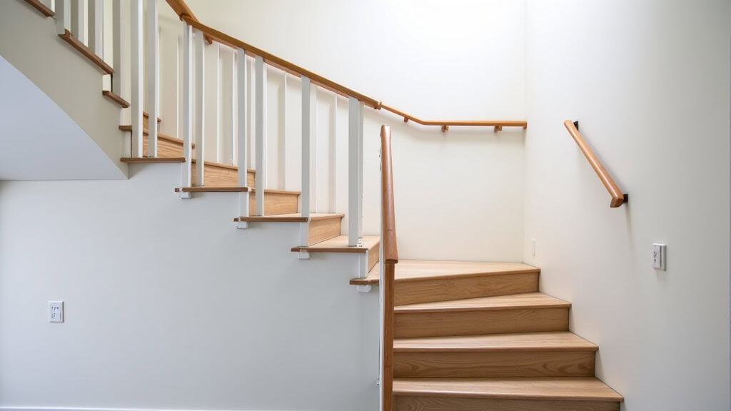 Installation d’un monte-escalier tournant dans une habitation à Saint-Jean-de-Fos, montrant le rail adapté à la courbe de l’escalier