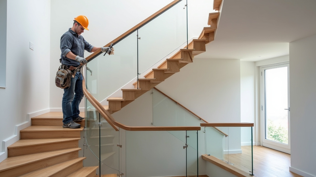 Installation d’un monte-escalier tournant dans une maison à Chuelles, avec un technicien en train de fixer le rail sur l’escalier