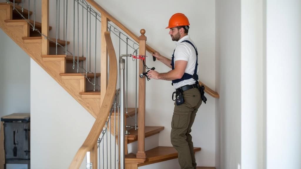 Installation d’un monte-escalier tournant dans une maison à Faremoutiers, avec un technicien en train de fixer le rail