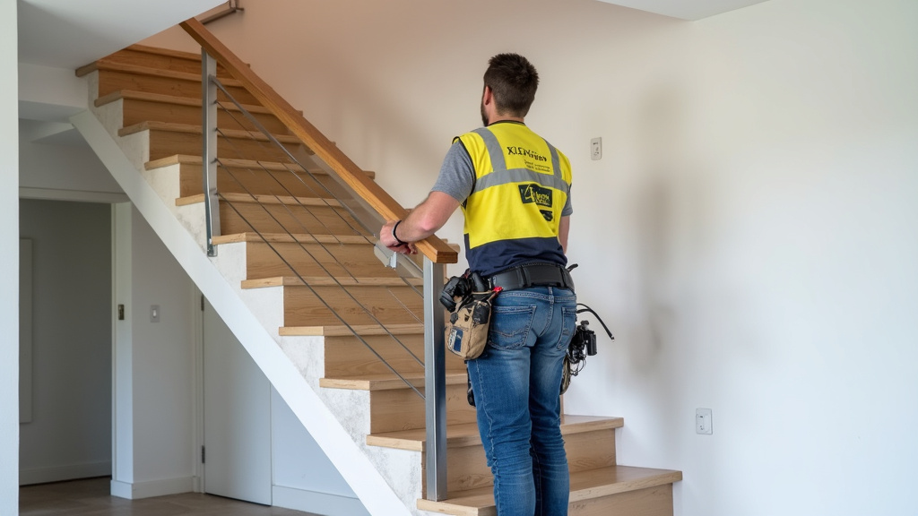 Installation d’un monte-escalier tournant dans une maison à Jarnac, avec technicien en train de fixer le rail sur mesure