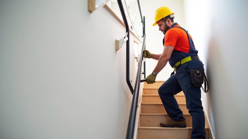 Installation d’un monte-escalier tournant dans une maison à Toutlemonde avec un technicien en train de fixer le rail sur un escalier en colimaçon