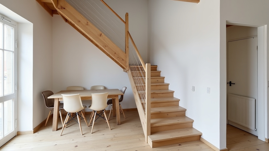 Installation d’un monte-escalier tournant dans une maison ancienne à Brionne, rail sur mesure en cours de pose