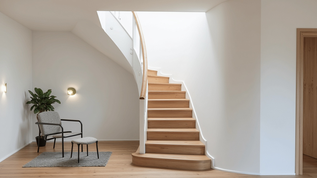 Monte-escalier à siège installé sur un escalier tournant dans une maison à Saint-Agrève