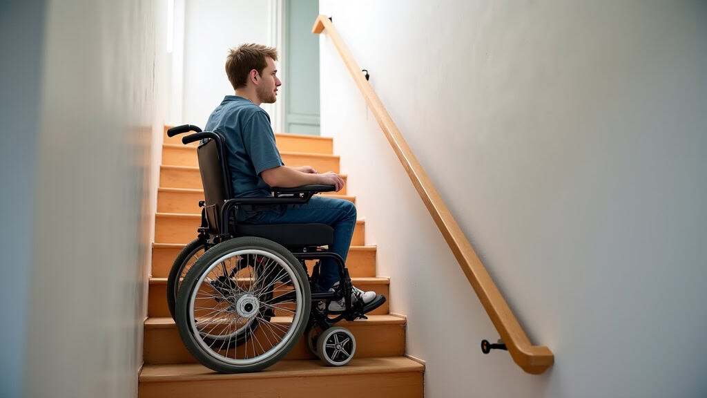 Monte-escalier debout installé dans un escalier très étroit d’une maison ancienne à Toutlemonde, avec un utilisateur en position semi-assise